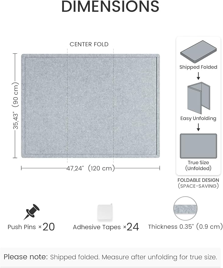 Fluxnara Bulletin Board,Cork Board Alternative with Safe Removable Adhesive Tabs, Foldable Felt Pin Board for Home Office, Classroom, Bedroom,Entryway for Walls (Blue Gray, 47.2 x 35.4 inches)