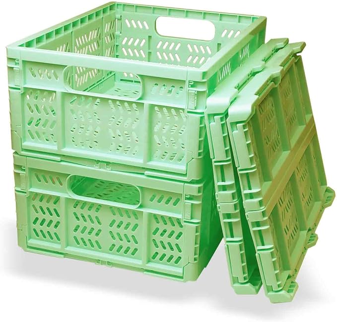 20L Folding Crate, 4Pack Plastic Storage Baskets Organizer for Home and Office,Collapsible Storage Crates for Home Office and Outdoor Organizer. (Green)