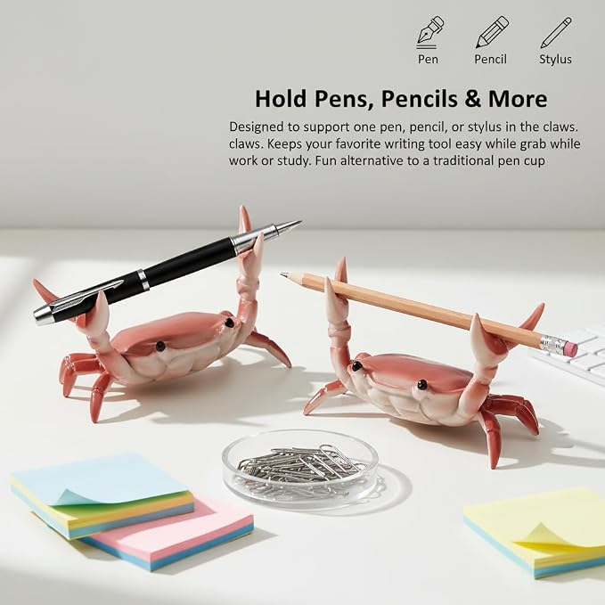 2Pcs Funny Weightlifting Crab Pen Holder Unique Desk Decor for Office, Home, or Gift, Cute Crab Stationery Organizer