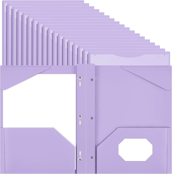 Henoyso 36 Pcs Plastic Folder with Clear Front Pocket and 3 Prong Plastic Folders with Card Slot Pocket Folders with Prongs for School Office (Light Purple)