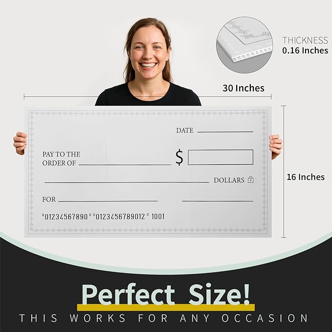 30 x 16 Inches Foldable Giant Check for Presentations, Dry Erase Big Blank Check, Large Fake Check, Oversized Checks for Fundraisers, Prizes, Awards,Retirement, Charity & Donation Events(White)
