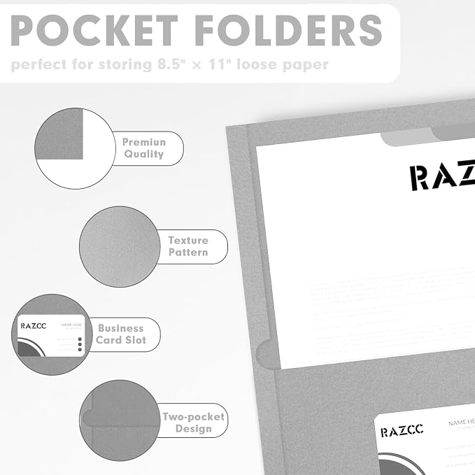 Two Pocket Folders, RAZCC 75 Pack 2 Pocket Folders Fit Letter Size Paper, Paper Folders with Pockets for School Office Business Home (Grey)