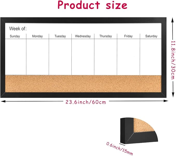 Magnetic Weekly Dry Erase White Board and Cork Board, Black Wood Frame，Magnetic Surface Whiteboard for Home Office and Wall Decor(ZHZL-3060BK)
