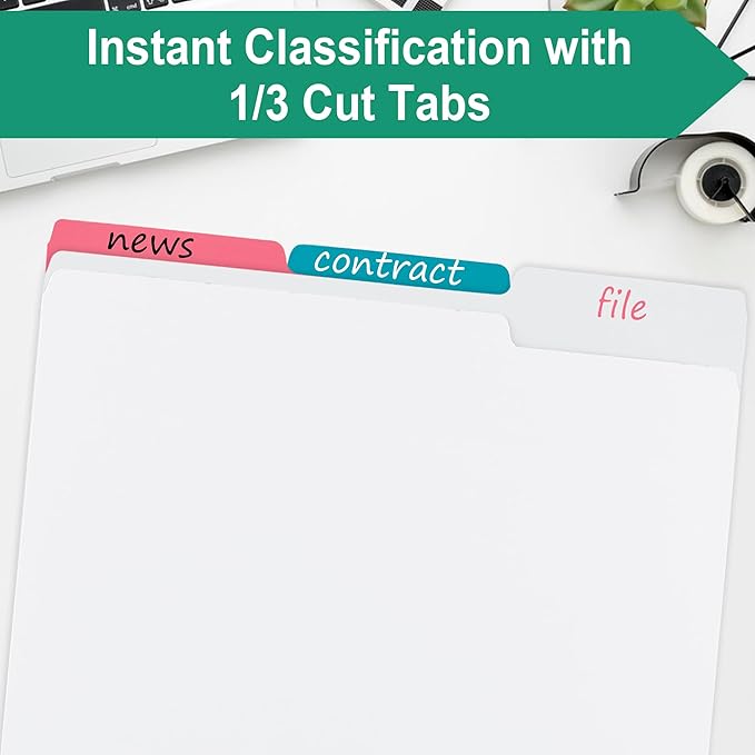 pmybupo 18pack White File Folders,1/3 Cut Tab with Assorted Positions,Letter Size Colored File Folders,Great for Organizing and Easy File Storage