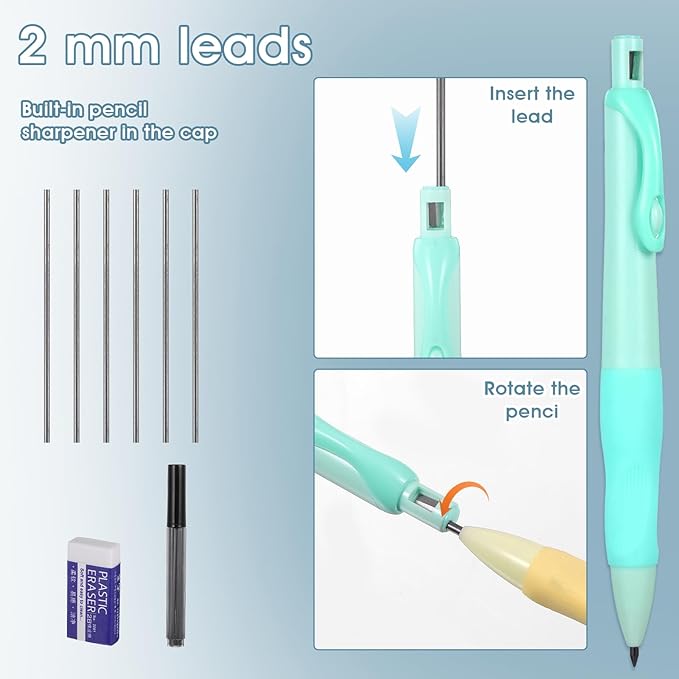 Mechanical Pencils Thick Pencils with Comfort Ergonomic Grip, Aesthetic Supplies Set with 2 Erasers, 4 Leads Refills, 4 Pcs 2.0MM Pencil for Writing Drawing