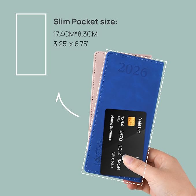 POPRUN 2026 Pocket Monthly Calendar (Jan - Dec), Slim Mini Size-3" x 6.75", 2026 Small Monthly Planner for Purse with Tear-Off Corners, Leather Soft Cover - Black