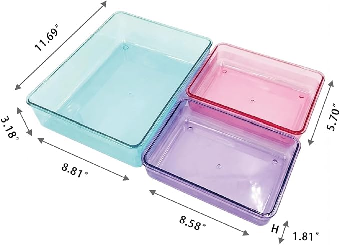 MOSSRIVER 3 Pack Clear Drawer Organizer Set, Plastic Desk Organizer Bin with Lid & Trays, Colorful Storage Box with Removable Trays for Cosmetics, Jewelry, Bedroom, Bathroom, Office, Combo 02