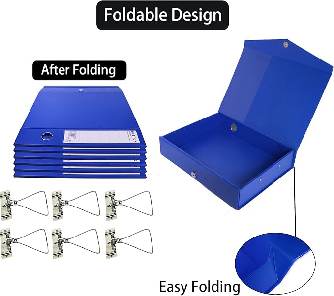 6 Pack Foldable Plastic Box Files A4 with Metal Clip,65mm Spine,Document Archive Folders for Office（Blue）