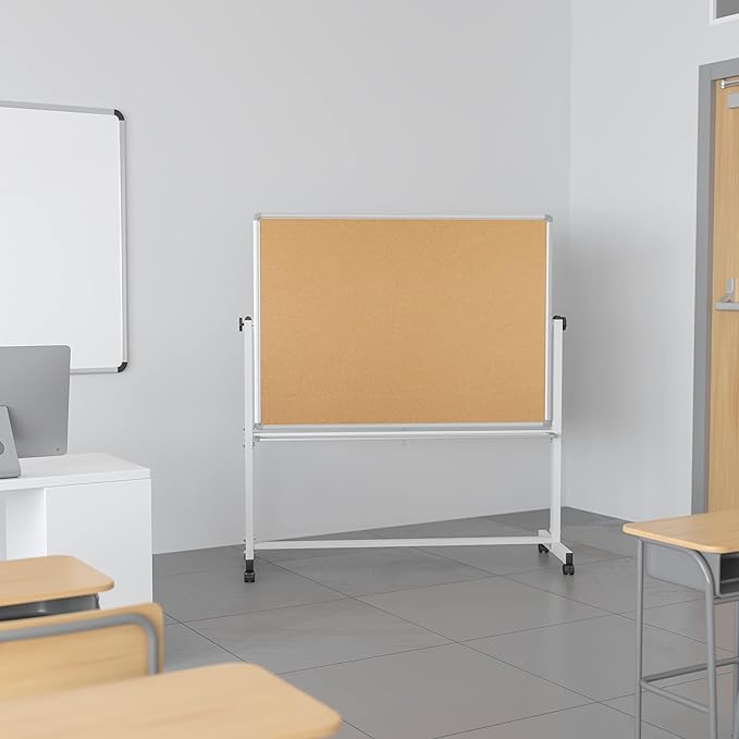 BizChair Reversible Mobile Cork Bulletin Board and White Board with Pen Tray, 53"W x 59"H