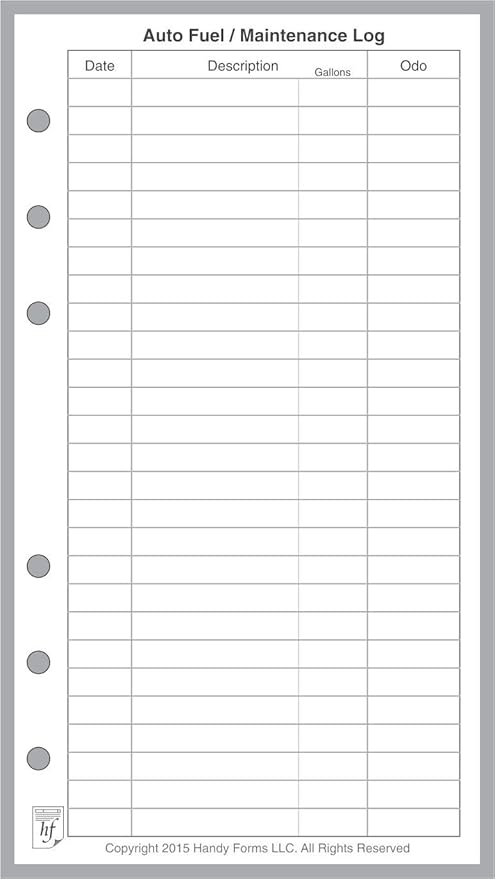 Personal Size Auto Fuel and Maintenance Log, Sized and Punched for Filofax Personal Notebook (3.7" x 6.75")