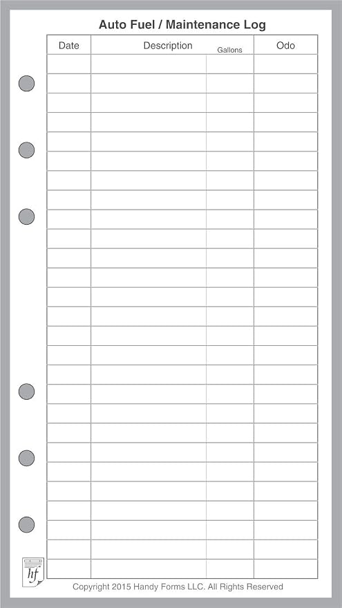 Personal Size Auto Fuel and Maintenance Log, Sized and Punched for Filofax Personal Notebook (3.7" x 6.75")