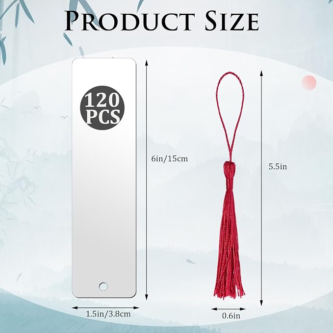 120 Pcs Metal Sublimation Bookmarks Double Sided, 6"x1.5" Sublimation Bookmark Blank Bulk Aluminum Sublimation Blanks DIY Bookmarks with Hole and Colorful Tassels for Crafts Gift 0.45mm Thick