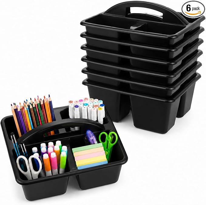 gisgfim 6 Pack Plastic Classroom Caddy with 4-Compartments Plastic Storage Caddies with Handle 4 Compartments Table Caddy Organizer Versatile Table Caddies for Classroom Office, Black