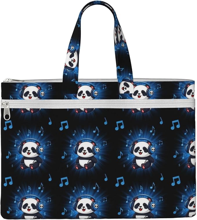 Portable Canvas Zipper File Bag with Handle, Waterproof Document Organizer Panda Animal Headphones Music for Business Travel Storage