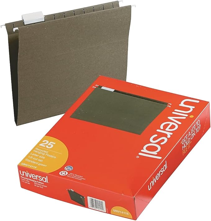 Universal 14115 Hanging File Folders, 1/5 Tab, 11 Point Stock, Letter, Standard Green, 25/Box