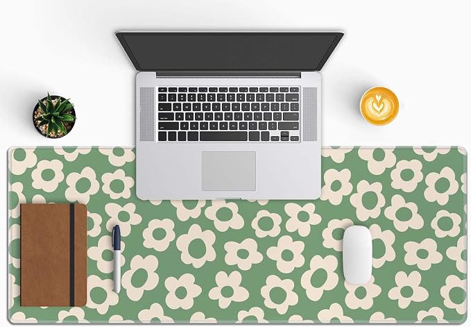 Vintage Groovy Green Flowers Gaming Mouse Pad,Extended Large Mouse Mat Desk Pad,Big Computer Keyboard Desk Pad,Stitched Edges Mousepad,3mm Thick Long Non-Slip Rubber Base Mice Pad, 31.5 X 11.8 Inch