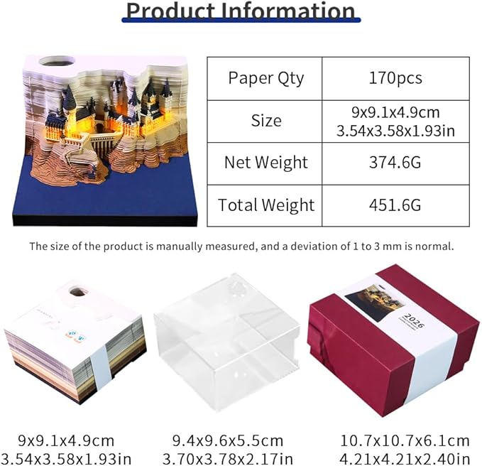 3D Calendar 2026 with Memo Pad Notepad, Timepiece 2026 Planner, Tear-Away 3D Artsy Pads, Creative Perpetual Organizer, Ideal New Year Gift for Office & Home (With Weekly Calendar & Light-Buttery Not Included)