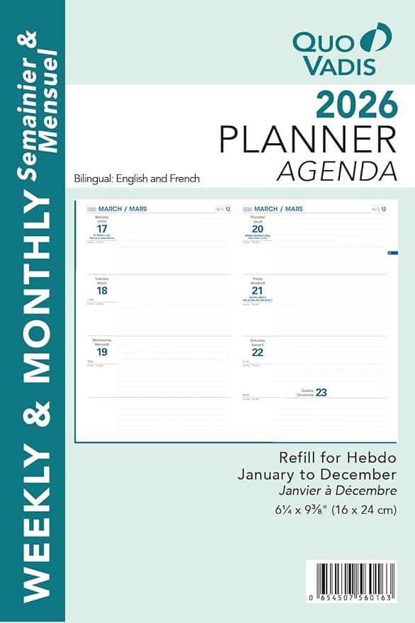 Quo Vadis 2026 Refill for Hebdo - Bi-Lingual (EN/FR) - Weekly/Monthly Planner - 12 Months, Jan. to Dec. - 6 1/4 x 9 3/8" - Productivity Time Management Organizer