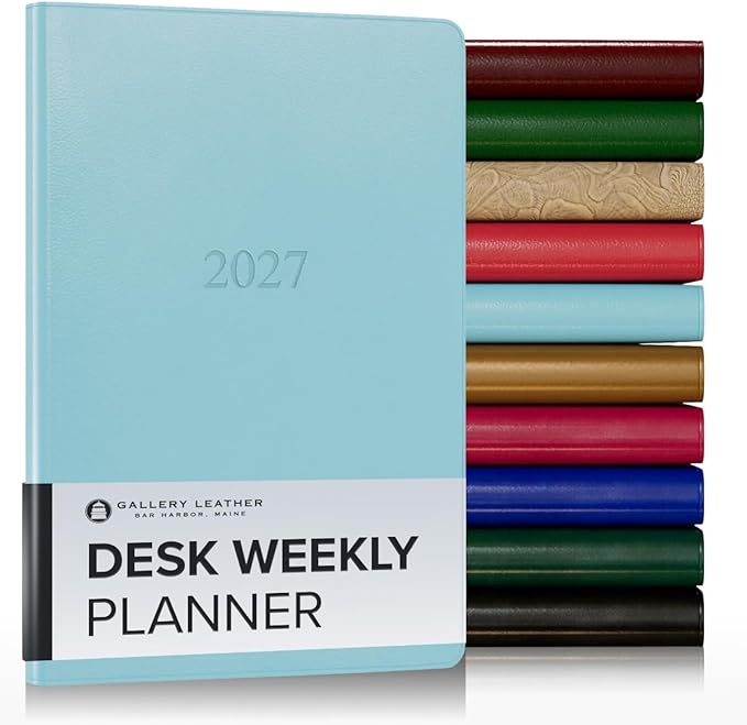 Gallery Leather Desk Weekly Monthly Planner 2027, Elegantly Bound Calendar Planner and Notebook with Stylish Gold-Gilded Page Edges, 12 Months - Caribbean Aqua - 8x5.5"