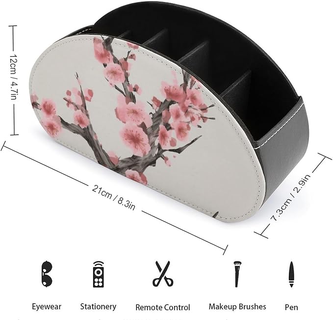 Cherry Blossom Tree Branch Remote Control Holder TV Remote Caddy with 5 Compartments PU Leather Storage Box Stylish Desk Organizer for TV/DVD/Accessories Desk Office Supplies Home