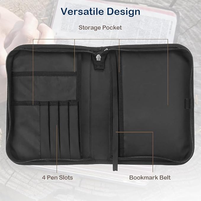 Bible Case with Handle and Zipper, Premium PU Leather Waterproof Bible Cover 11.2 x 8 x 2.2 Inches, Book Case for Standard Size Bibles with Pen Storage, Bible Accessories Gifts (Blue Lion)