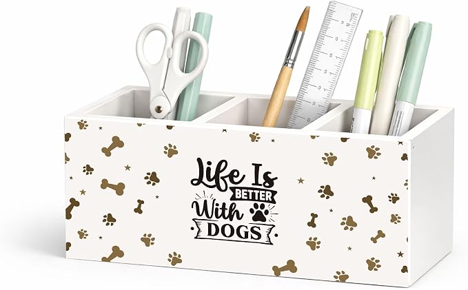 Dog Lover Desk Organizer Wooden Pen Pencil Holder for Desk, 3 Compartments Office Accessories, Life Is Better with Dogs Decor, Dog Lover Gifts for Women Men Home Office Storage