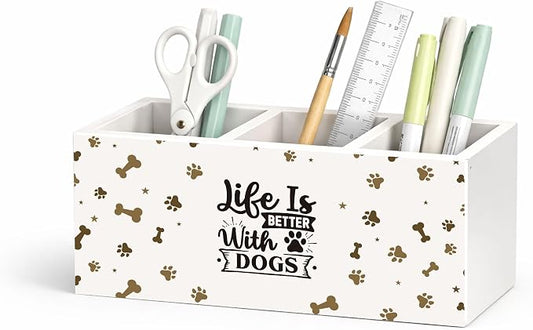 Dog Lover Desk Organizer Wooden Pen Pencil Holder for Desk, 3 Compartments Office Accessories, Life Is Better with Dogs Decor, Dog Lover Gifts for Women Men Home Office Storage
