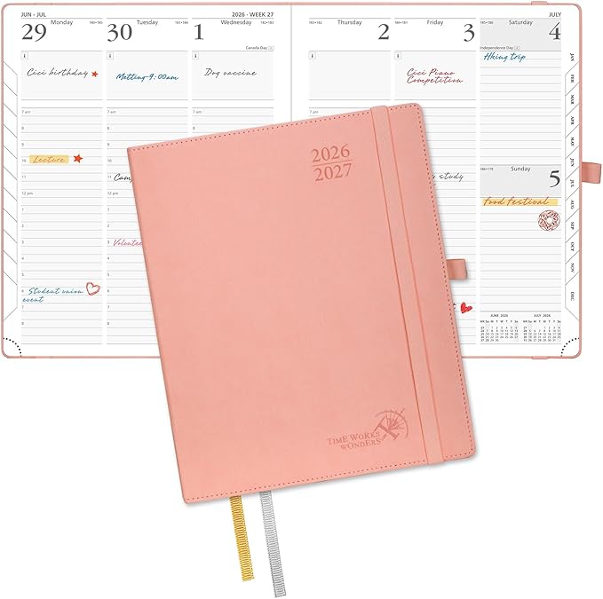 POPRUN Planner 2026-2027, Large-8.5" x 10.5", Academic Planner 2026-2027 Weekly and Monthly (July 26-June 27) Hourly Appointment Book with Inner Pockets, Leather Soft Cover, 100GSM - Pink