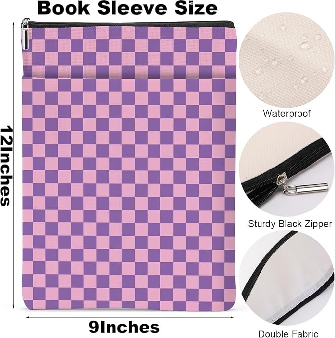 Purple Plaid Book Lovers Gifts Book Sleeve Vintage Checkered Waterproof Book Cover Book Pouch Book Protector with Front Pocket Book Club Christmas Birthday Gifts for Women Girl Sister Book Accessories