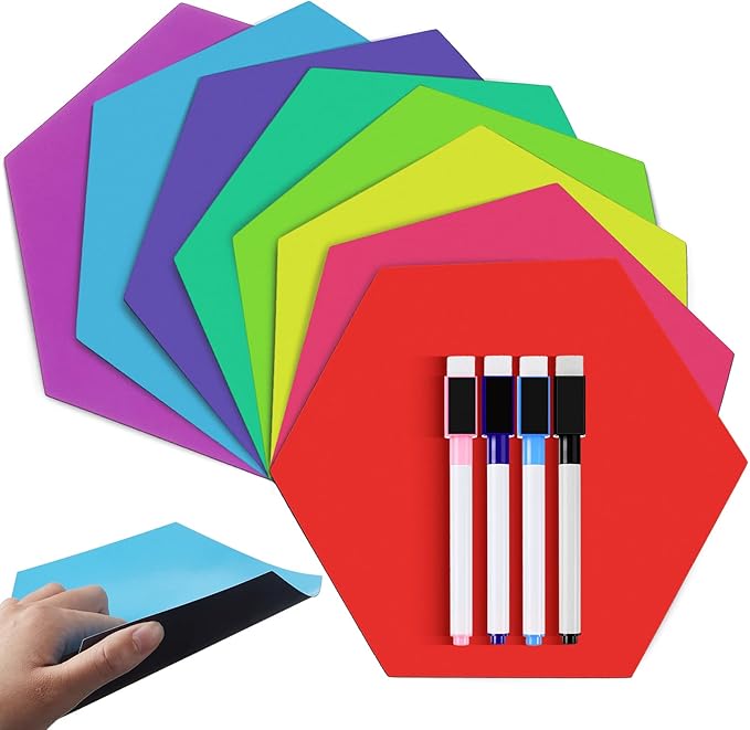 Gueevin 12 Pcs Hexagon Shape Magnetic Dry Erase Board Set 8 Hexagon Small Erase Board Magnet with 4 Dry Marker for Teachers Students, School Classroom Activity Planning, Rainbow Colors