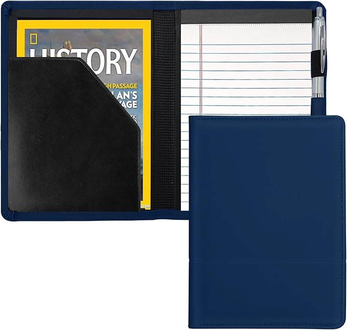 Mini Padfolio/Junior Portfolio Folder Case, Business A5 Binder Organizer Notepad for Men Women, 5 x 8 Writing Pad Included, Navy Blue.