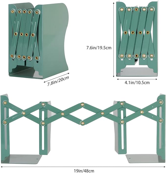 Adjustable Metal Bookends Heavy Duty for Shelves, 2 Dividers, Anti-Slip Design Expandable Book Ends for Desk, Office(Dark Green, 19 inches Max)