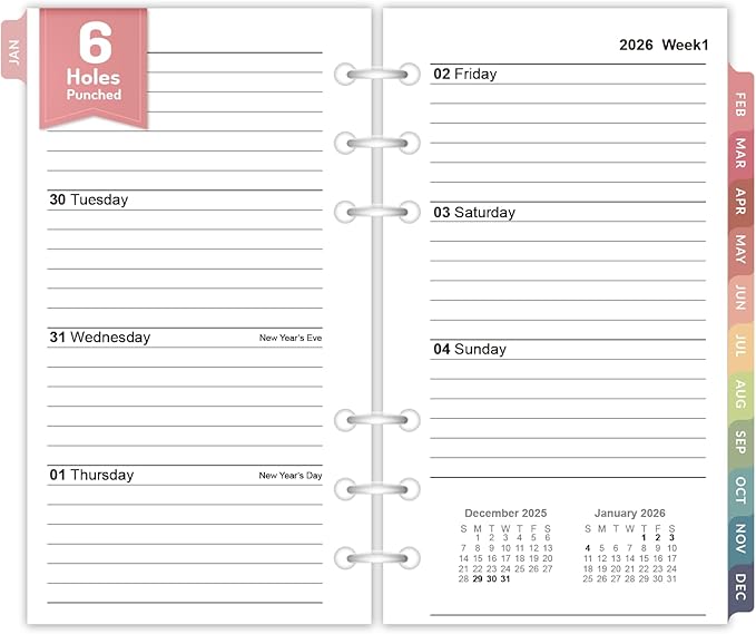 2026 Weekly & Monthly Planner Refills for A6 6-Ring Binders, Jan 2026 - Dec 2026, Forvencer 6-Hole Punched Planner Inserts with Colorful Monthly Tabs, Pocket Calendar Organizers, 3-3/4" x 6-3/4"
