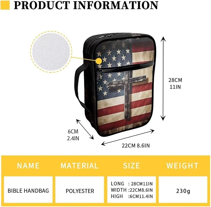 Suobstales American Flag Cross Print Bible Cover Bible Case for Women Men Lightweight Carrying Book Cover Church Bag Bible Protective Bag with Handle and Zippered Pocket