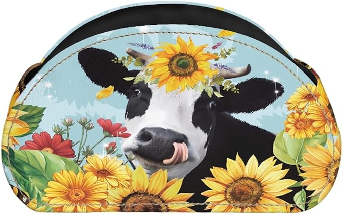 FUSURIRE Sunflower Cow Print Remote Control Holders with 5 Compartment,PU Leather Desk Organizer Box Caddy Office Storage Supplies Fashion Remote Holders Valentine's Day Decor for TV, DVD