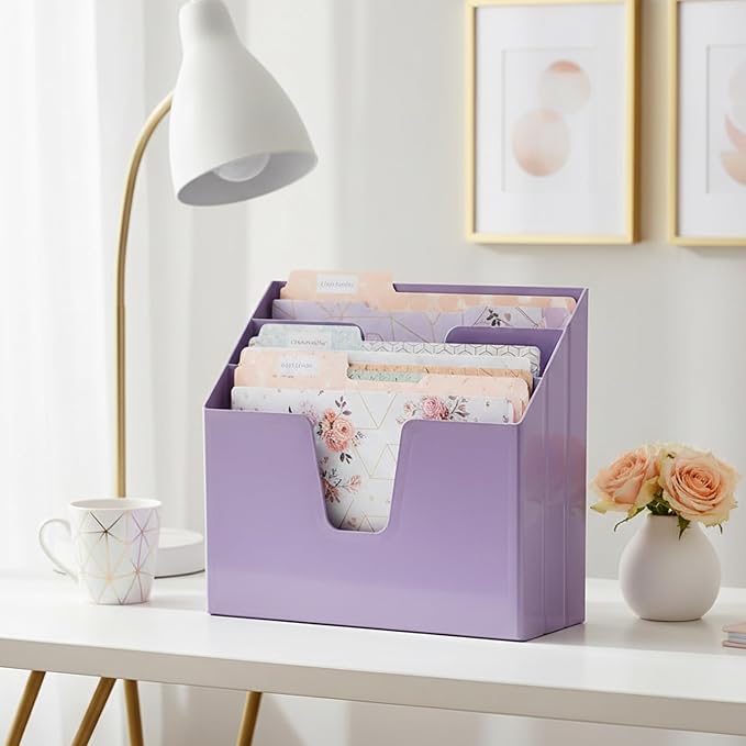 Acrimet Horizontal Triple File Folder Holder Organizer, Open Top Desktop Document Sorter for Letter Size Papers & Folders, Plastic (Solid Purple)
