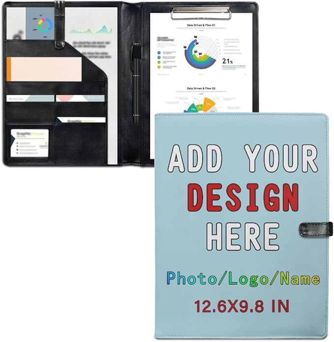 Personalized Padfolio with Logo Photo Name, Custom Business Portfolio Folder for A4 Clipboard Documents/Card Holder, LightBlue
