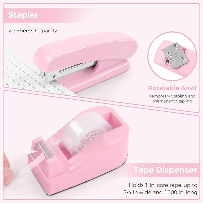 SKYDUE Pink Desk Accessories, Pink Office Supplies Set, Mesh Desk Organizer, Stapler, Tape Dispenser, Scissors, Binder/Paper Clips and 1000pcs Staples, Desk Organizer for Women, Gifts