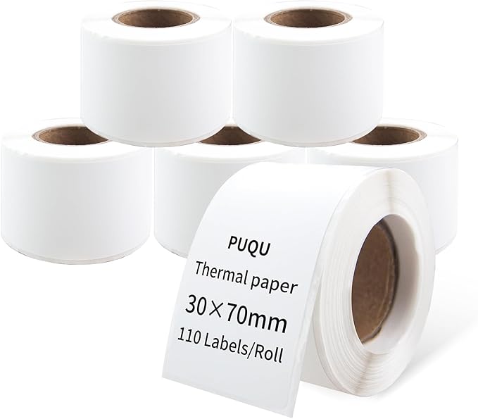 PUQU 30x70mm Direct Thermal Sticker Labels, Self-Adhesive All-Purpose Label Maker Tape, Compatible with AQ Series Label Printer, Refills Standard Laminated Office Labeling, 6 Rolls, 660 Labels