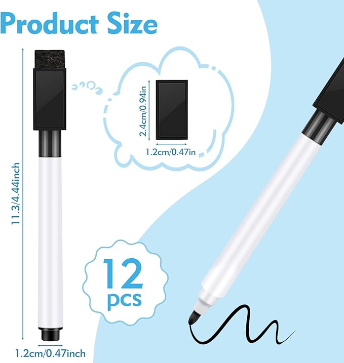 12 Pcs Black Dry Erase Markers, Whiteboard Dry Erase Markers Fine Tip Small Magnetic Dry Erase Marker with Eraser Cap for School, Home, Office Supplies