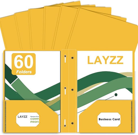 Two Pocket Folders with Prongs, LAYZZ 60 Pack Poly Plastic Folders, Heavy Duty Plastic Folders with Pockets and Prongs, Letter Size, for Offices and Schools (Yellow)