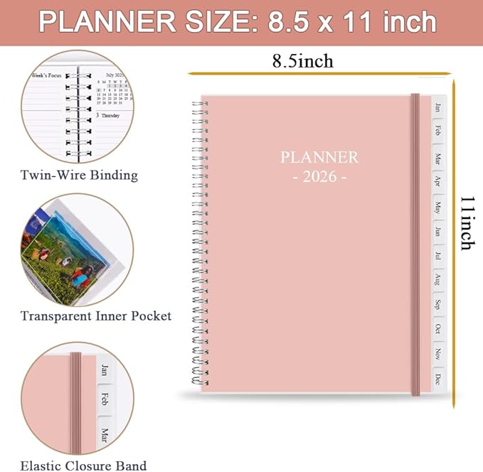 2026 Planner - Planner 2026 from January 2026 - December 2026, Monthly and Weekly Calender with 12 Tabs, 8.5" x 11", Pink