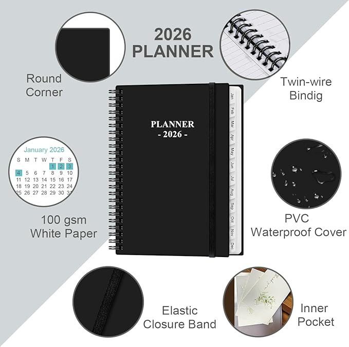 2026 Planner - Planner 2026 from January 2026 to December 2026, Weekly Monthly Planner 2026 with 12 Monthly Tabs, Inner Pocket, 6.4" x 8.5", Black