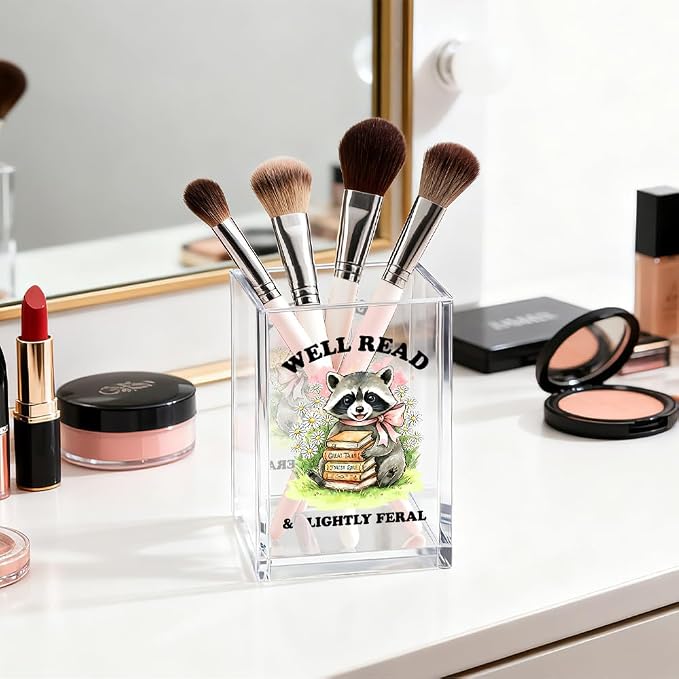 Well Read Slightly Feral Acrylic Pen Holder Cosmetic Organizer, Raccoon Book Pen Cup for Desk, Pencil Holder for Librarian Book Club, Bookish Gifts for Raccoon Lover, Reading Nook Accessories