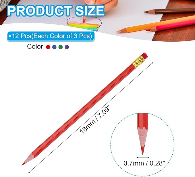 PATIKIL Erasable Colored Pencils, 12 Pcs Oil Color Pencils with Erasers Hexagonal Rod Wooden Colored Pencils for Tests Marking Grading Art Painting, Red/Dark Blue/Green/Purple