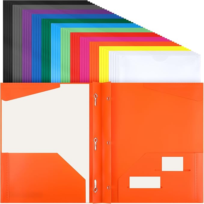 Tenceur 48 Pack Plastic Folders with 3 Prongs Bulk Heavy Duty Folders with Clear Front Pockets and Card Slots with Fasteners Fit Letter-Size Papers for Work School Office (Mix Colors)
