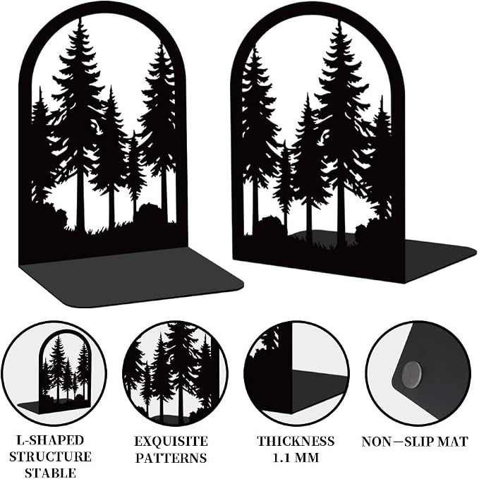Forest Book Shelf Decorative Bookends for Shelves, Book Ends for Heavy Books, Black Pine Tree Metal Bookends for Desk Organizer, Office Library Decor Decorative Books for Home Decor