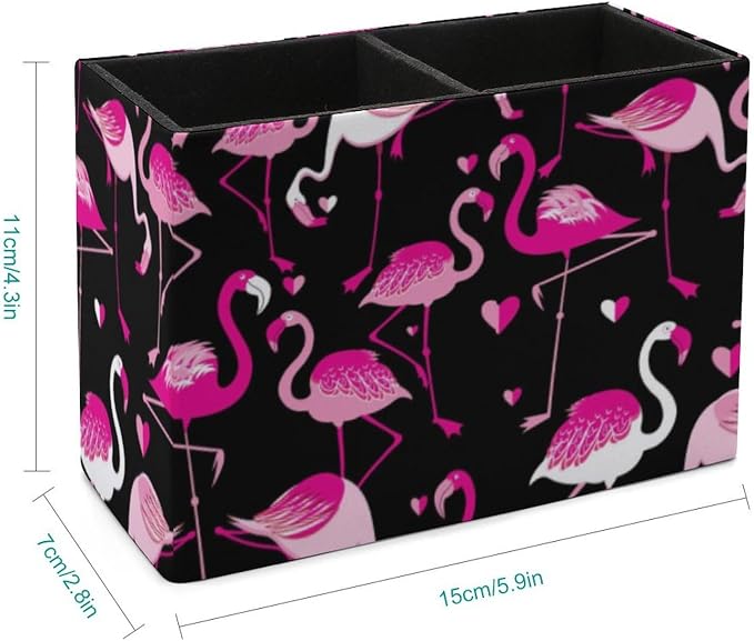 Desk Organizer Pen Holder Pink Love Heart Flamingo with Anti Slip Bottom, Decoration Office Desk Square Brush Pot, Multi-Functional PU Leather Pen Container