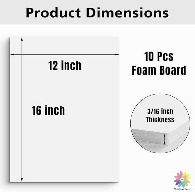 Mat Board Center Premium White Foam Core Board - 12x16 Inches, 3/16" Thick - 10 Pack, Acid-Free - Ideal for Mounting, Crafts, Art, and Presentations