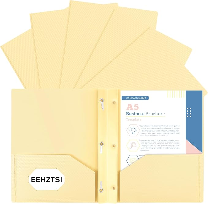 6-Pack Plastic andPockets and Prongs,2-Pocket and3 Fasteners, Pastel Folders Holds 8-1/2" x 11" Paper for School/Office/Home, Yellow